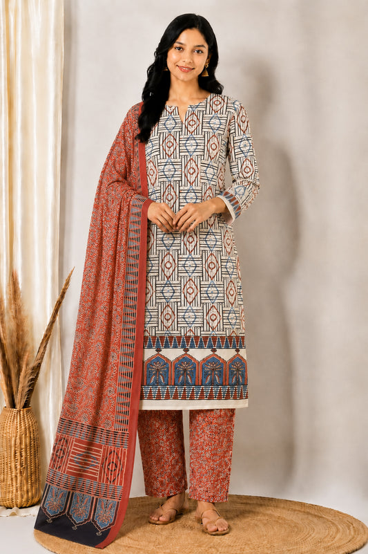 Ajrakh Cotton Natural Dye Three Colour Print | 3 Kam | Hand Block Print Dress Material with 44 Inch wide Dupatta - 2.5 Mt Top   -  SKU : AI03701J