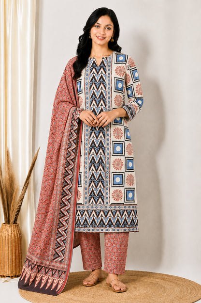Ajrakh Cotton Natural Dye Three Colour Print | 3 Kam | Hand Block Print Dress Material with 44 Inch wide Dupatta - 2.5 Mt Top   -  SKU : AI03701G