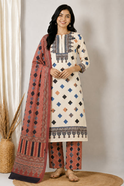 Ajrakh Cotton Natural Dye Three Colour Print | 3 Kam | Hand Block Print Dress Material with 44 Inch wide Dupatta - 2.5 Mt Top   -  SKU : AI03701I
