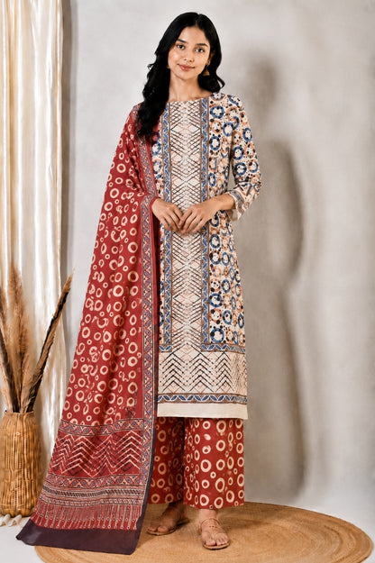 Ajrakh Cotton Natural Dye Three Colour Print | 3 Kam | Hand Block Print Dress Material with 44 Inch wide Dupatta - 2.5 Mt Top   -  SKU : AI03701L