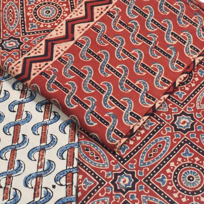Ajrakh Cotton Natural Dye Three Colour Print | 3 Kam | Hand Block Print Dress Material with 44 Inch wide Dupatta - 2.5 Mt Top   -  SKU : AI03701K