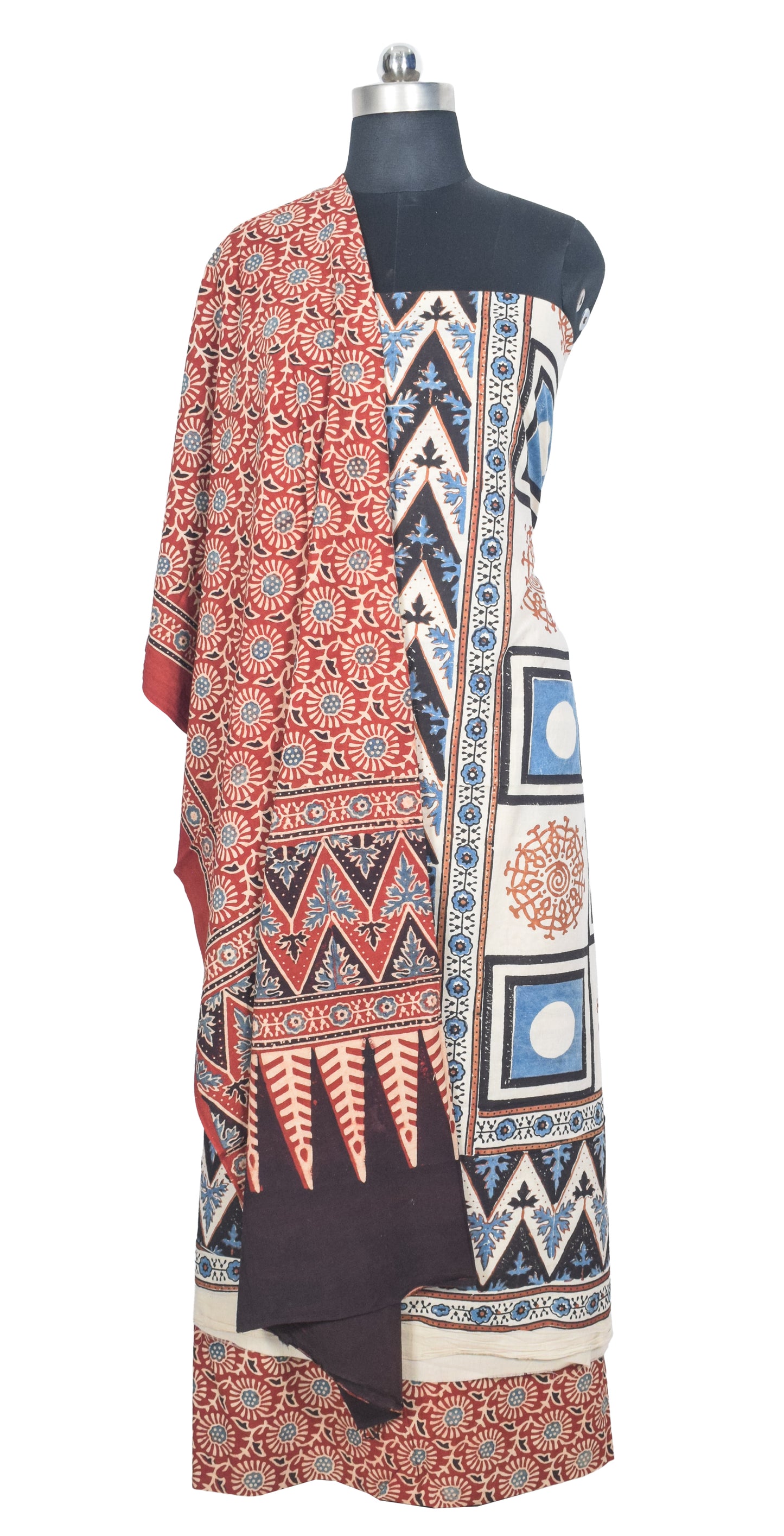 Ajrakh Cotton Natural Dye Three Colour Print | 3 Kam | Hand Block Print Dress Material with 44 Inch wide Dupatta - 2.5 Mt Top   -  SKU : AI03701G