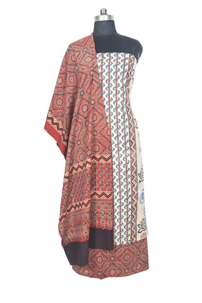 Ajrakh Cotton Natural Dye Three Colour Print | 3 Kam | Hand Block Print Dress Material with 44 Inch wide Dupatta - 2.5 Mt Top   -  SKU : AI03701K