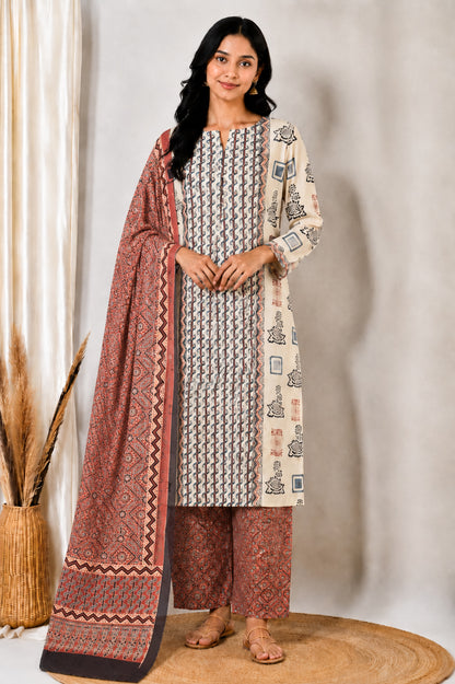 Ajrakh Cotton Natural Dye Three Colour Print | 3 Kam | Hand Block Print Dress Material with 44 Inch wide Dupatta - 2.5 Mt Top   -  SKU : AI03701K