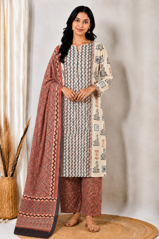 Ajrakh Cotton Natural Dye Three Colour Print | 3 Kam | Hand Block Print Dress Material with 44 Inch wide Dupatta - 2.5 Mt Top   -  SKU : AI03701K