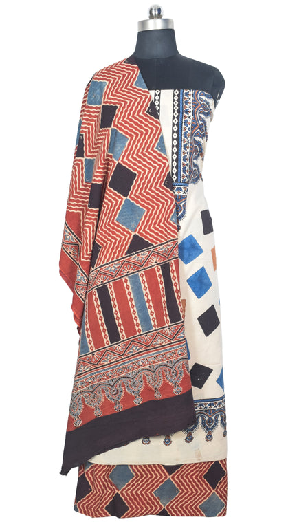 Ajrakh Cotton Natural Dye Three Colour Print | 3 Kam | Hand Block Print Dress Material with 44 Inch wide Dupatta - 2.5 Mt Top   -  SKU : AI03701I