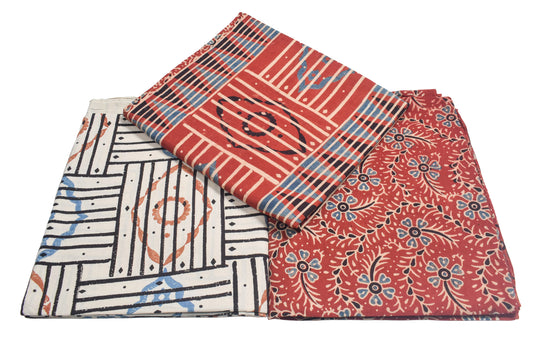 Ajrakh Cotton Natural Dye Three Colour Print | 3 Kam | Hand Block Print Dress Material with 44 Inch wide Dupatta - 2.5 Mt Top   -  SKU : AI03701J