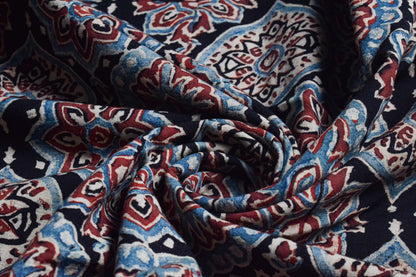 Ajrakh Cotton Natural Dye Hand Block Print Unstitched Kurta Fabric  Mtr Length  2.5 Mtr  Length  -  SKU : RM10301L