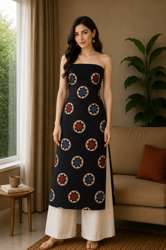 Ajrakh Cotton Natural Dye Hand Block Print Unstitched Kurta Fabric  Mtr Length  3 Mtr  Length  -  SKU : AI11303A
