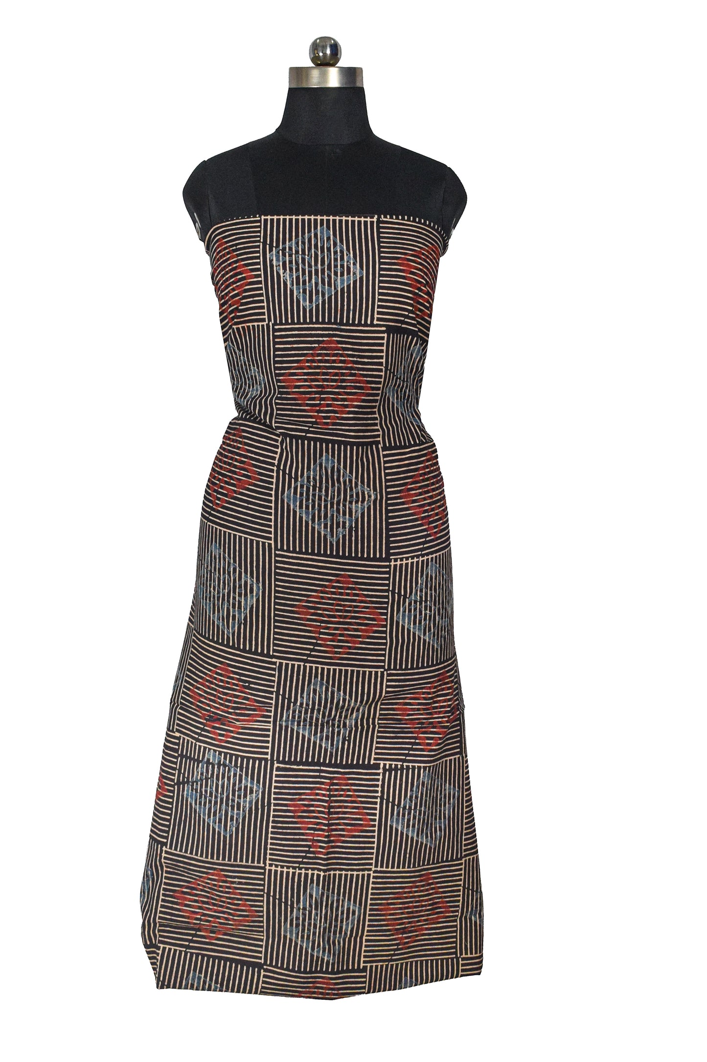Ajrakh Cotton Natural Dye Hand Block Print Unstitched Kurta Fabric  Mtr Length  3 Mtr  Length  -  SKU : AI11303E