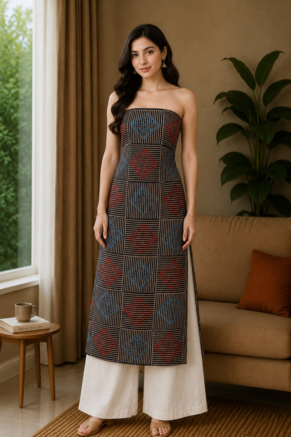 Ajrakh Cotton Natural Dye Hand Block Print Unstitched Kurta Fabric  Mtr Length  3 Mtr  Length  -  SKU : AI11303E