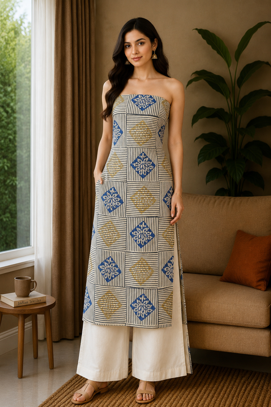 Ajrakh Cotton Natural Dye Hand Block Print Unstitched Kurta Fabric  Mtr Length  3 Mtr  Length  -  SKU : AI11303I
