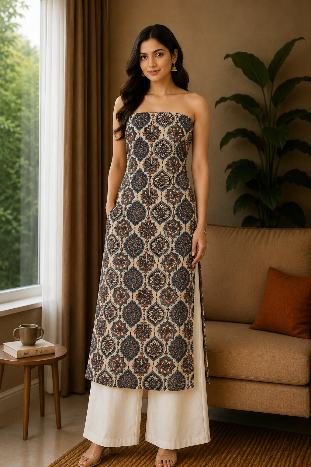 Ajrakh Cotton Natural Dye Hand Block Print Unstitched Kurta Fabric  Mtr Length  3 Mtr  Length  -  SKU : RM10301M