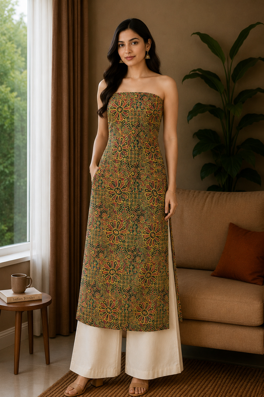 Ajrakh Cotton Natural Dye Hand Block Print Unstitched Kurta Fabric   2.5 Mtr  Length  -  SKU : AI24201G