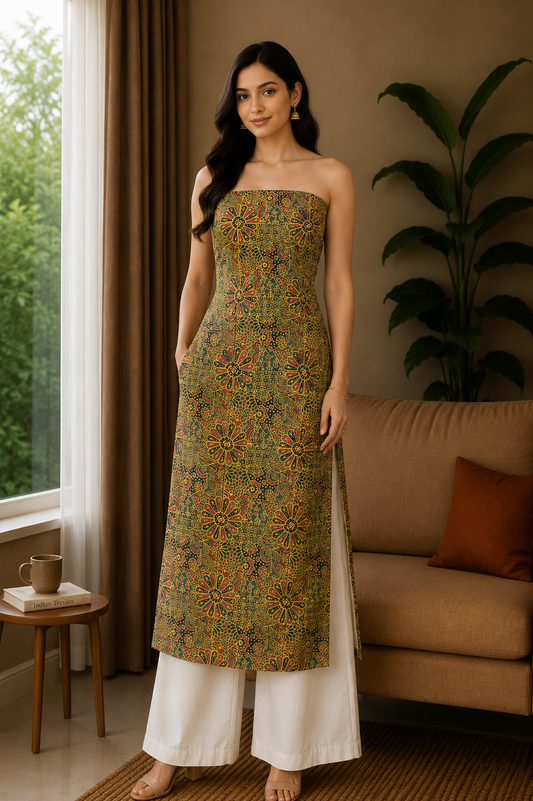 Ajrakh Cotton Natural Dye Hand Block Print Unstitched Kurta Fabric   3.0 Mtr  Length  -  SKU : AI24202G