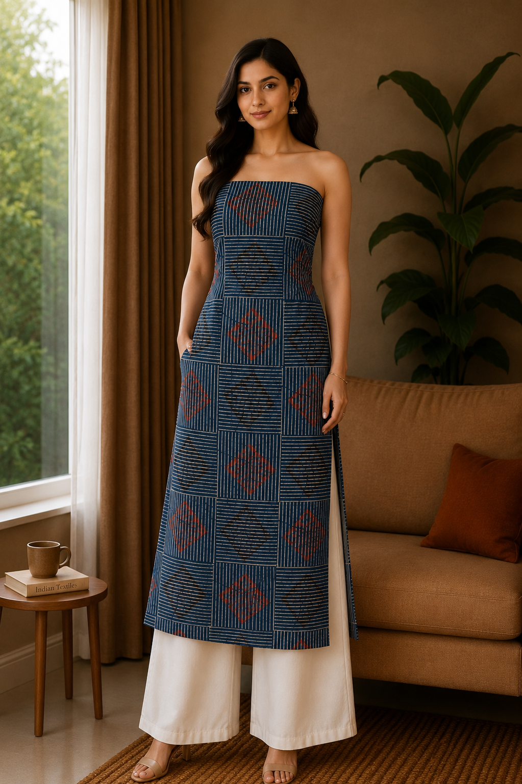 Ajrakh Cotton Natural Dye Hand Block Print Unstitched Kurta Fabric  Mtr Length  3 Mtr  Length  -  SKU : AI11303C