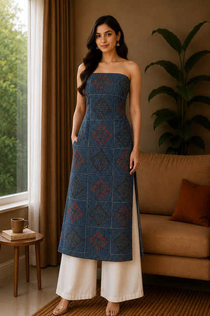 Ajrakh Cotton Natural Dye Hand Block Print Unstitched Kurta Fabric  Mtr Length  3 Mtr  Length  -  SKU : AI11303C