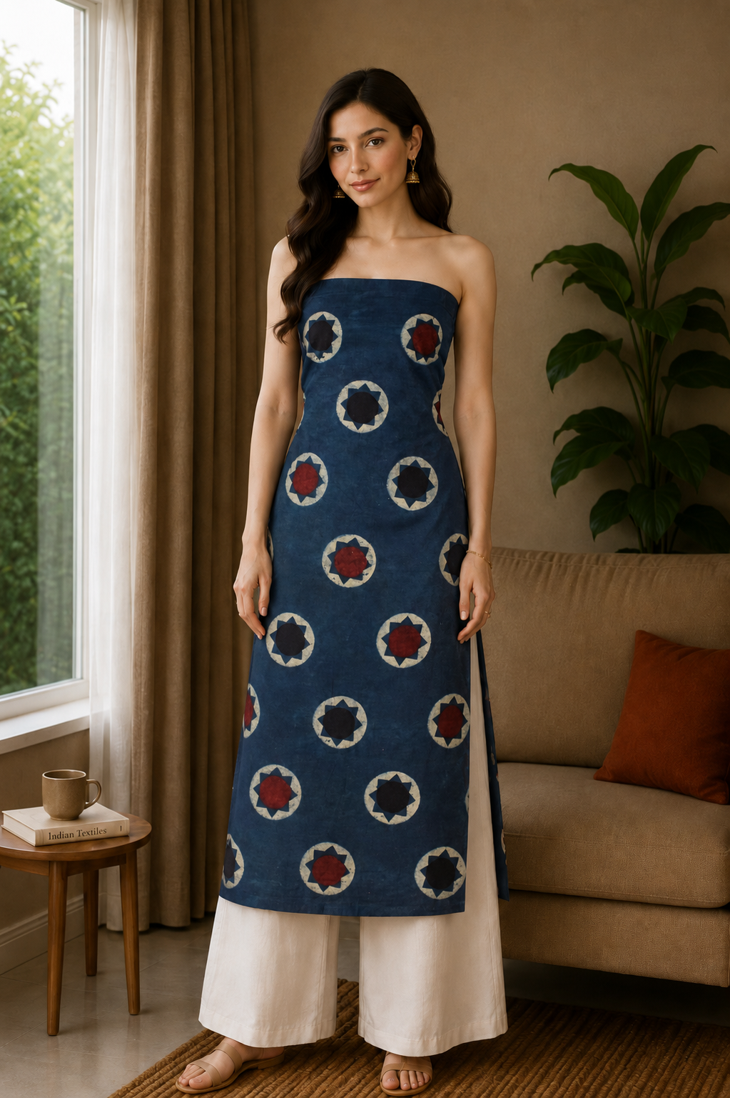 Ajrakh Cotton Natural Dye Hand Block Print Unstitched Kurta Fabric  Mtr Length  3.25 Mtr  Length  -  SKU : AI11303S