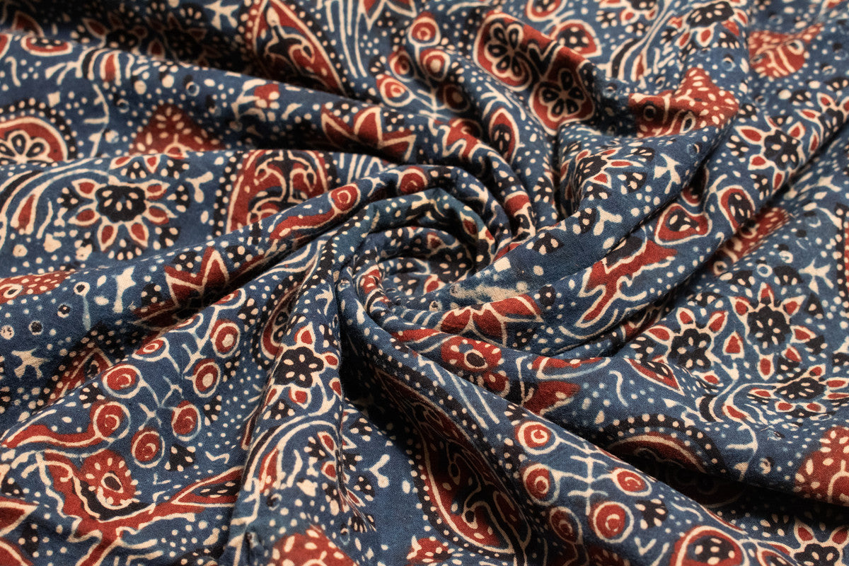 Ajrakh Cotton Natural Dye Hand Block Print Unstitched Kurta Fabric   2.5 Mtr  Length  -  SKU : ID17401L