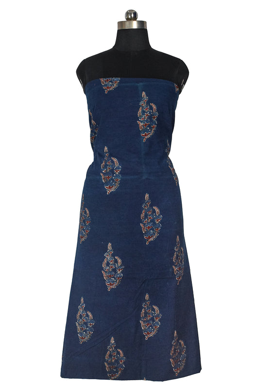 Ajrakh Cotton Natural Dye Hand Block Print Unstitched Kurta Fabric  Mtr Length  3 Mtr  Length  -  SKU : RM10301B