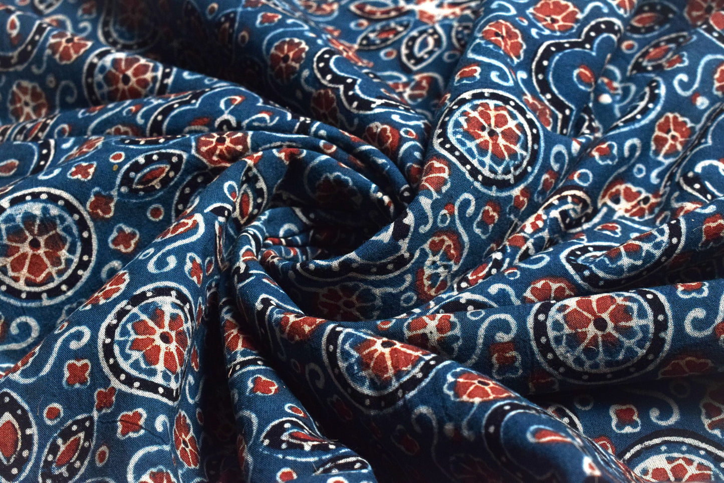 Ajrakh Cotton Natural Dye Hand Block Print Unstitched Kurta Fabric  Mtr Length  3.5 Mtr  Length  -  SKU : RM10301G