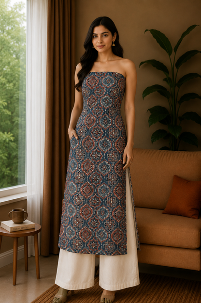 Ajrakh Cotton Natural Dye Hand Block Print Unstitched Kurta Fabric  Mtr Length  3 Mtr  Length  -  SKU : RM10301N