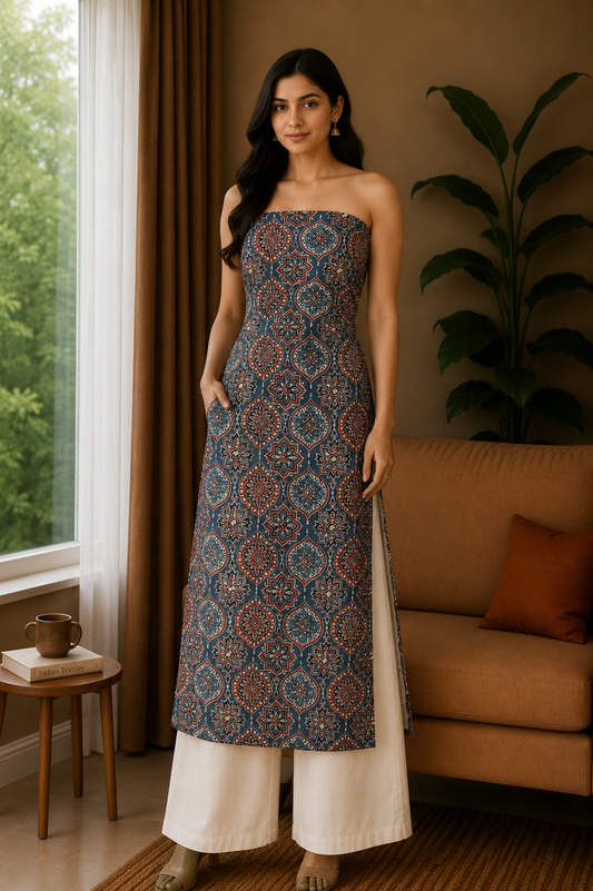 Ajrakh Cotton Natural Dye Hand Block Print Unstitched Kurta Fabric  Mtr Length  3 Mtr  Length  -  SKU : RM10301N