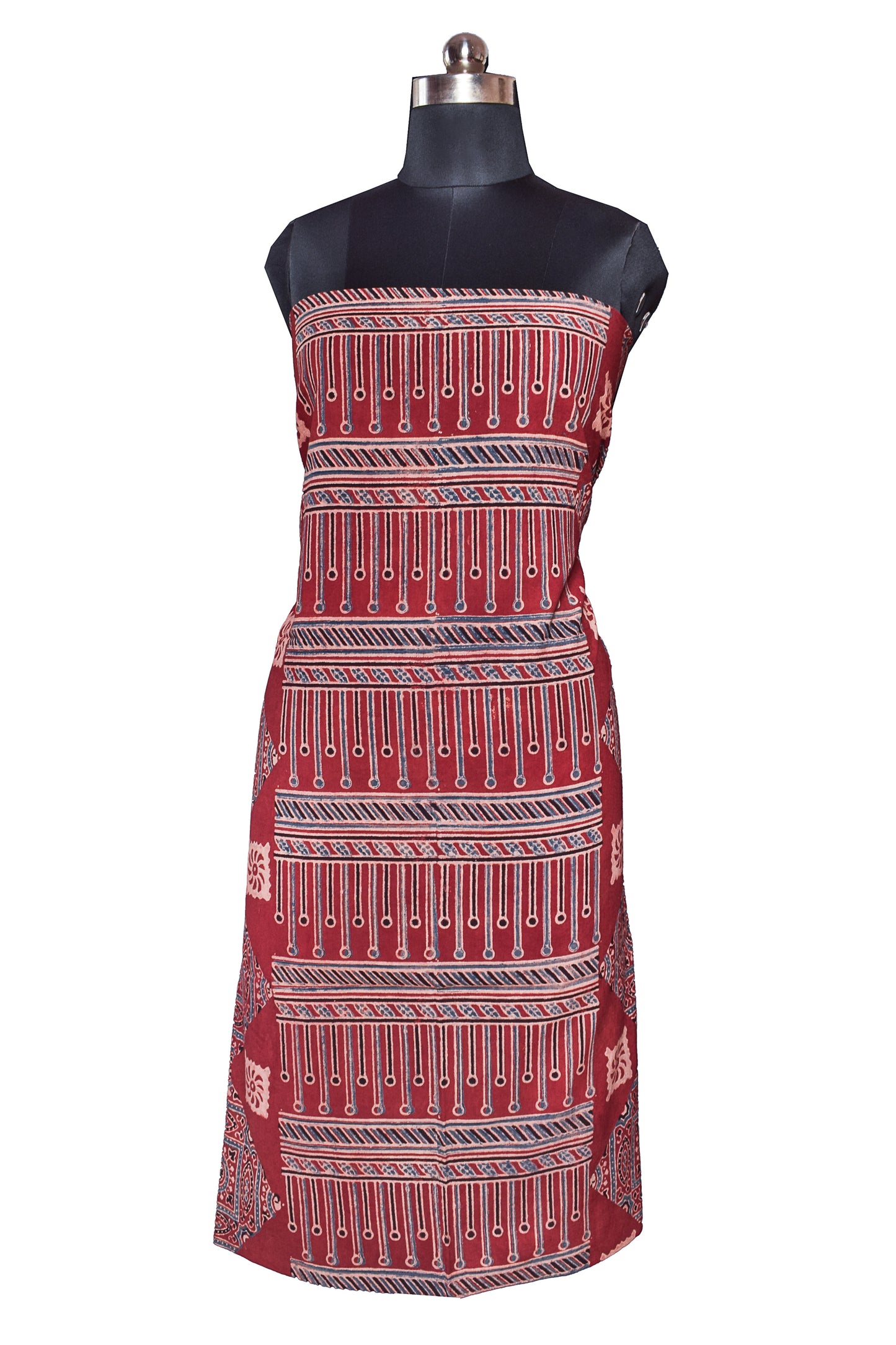 Ajrakh Cotton Natural Dye Hand Block Print Unstitched Kurta Fabric  Mtr Length  2.5 Mtr  Length  -  SKU : ID2190AB