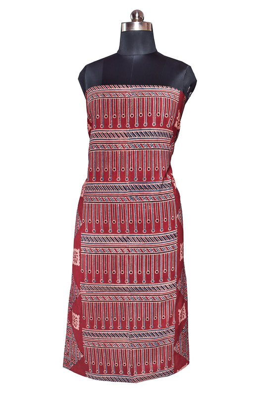 Ajrakh Cotton Natural Dye Hand Block Print Unstitched Kurta Fabric  Mtr Length  2.5 Mtr  Length  -  SKU : ID2190AB