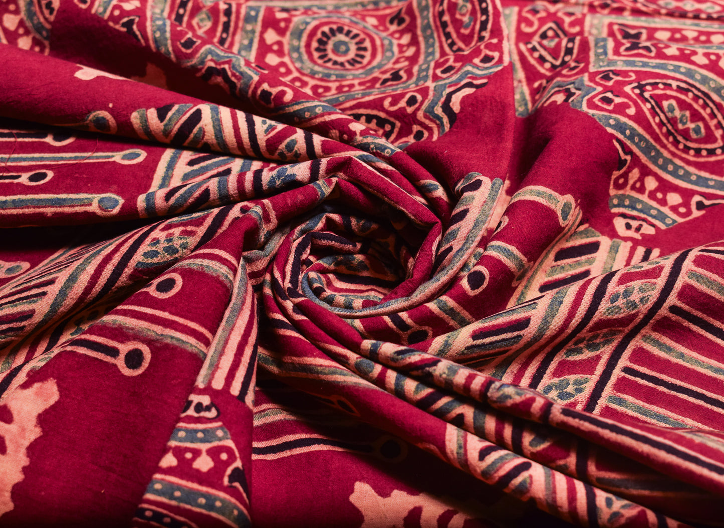 Ajrakh Cotton Natural Dye Hand Block Print Unstitched Kurta Fabric  Mtr Length  2.5 Mtr  Length  -  SKU : ID2190AB