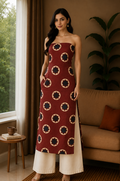 Ajrakh Cotton Natural Dye Hand Block Print Unstitched Kurta Fabric  Mtr Length  3 Mtr  Length  -  SKU : AI11303B