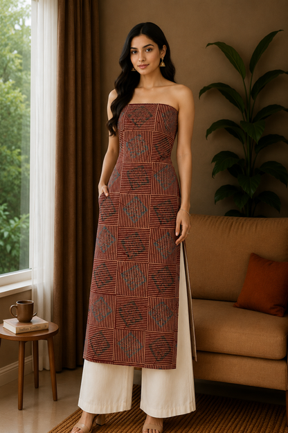 Ajrakh Cotton Natural Dye Hand Block Print Unstitched Kurta Fabric  Mtr Length  3 Mtr  Length  -  SKU : AI11303F