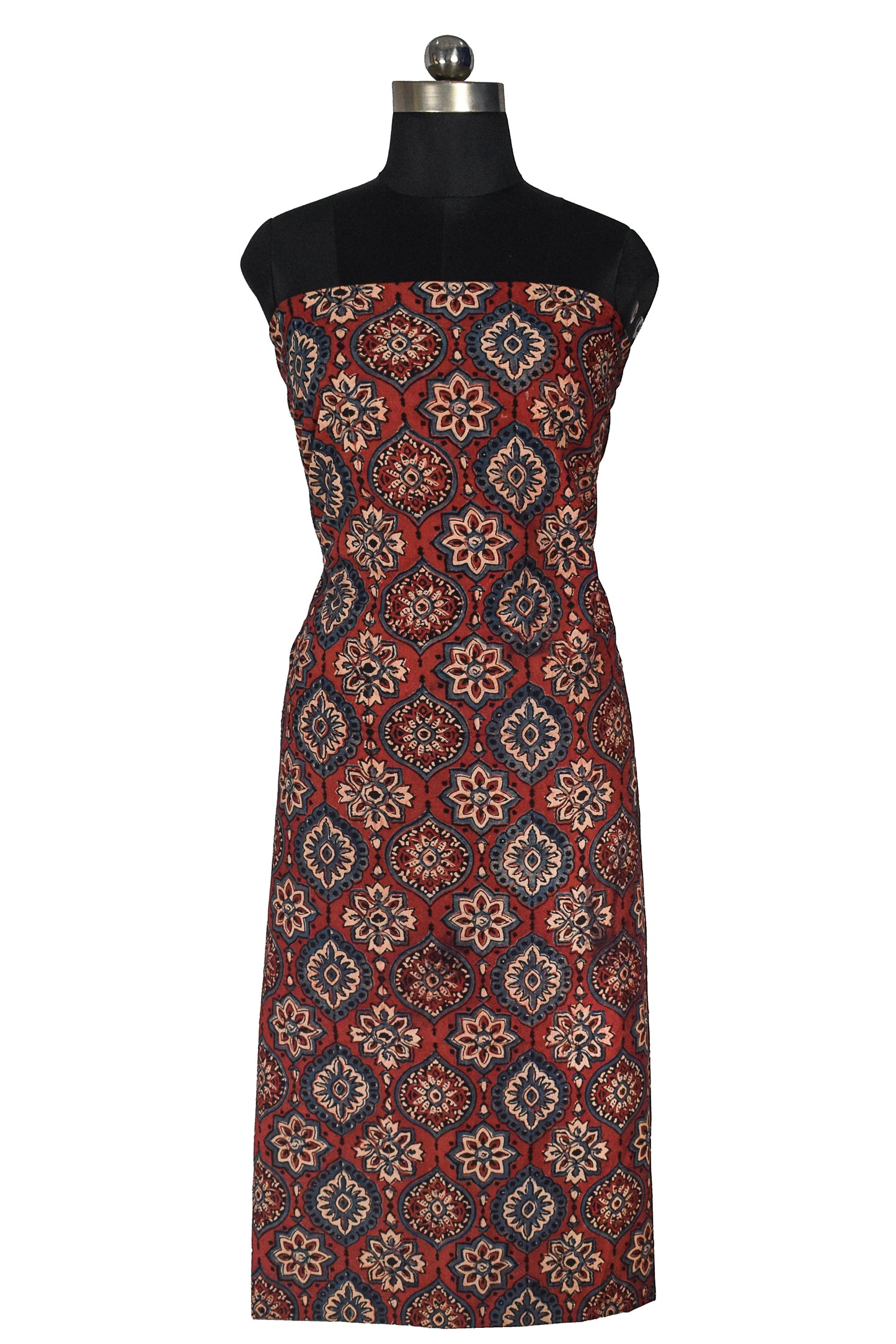 Ajrakh Cotton Natural Dye Hand Block Print Unstitched Kurta Fabric  Mtr Length  3 Mtr  Length  -  SKU : RM10301O