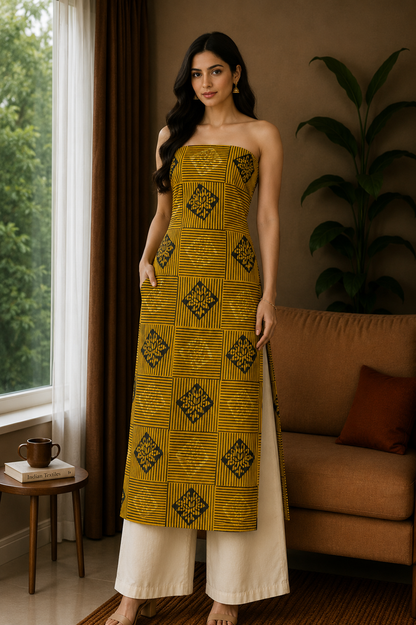 Ajrakh Cotton Natural Dye Hand Block Print Unstitched Kurta Fabric  Mtr Length  3 Mtr  Length  -  SKU : AI11303D