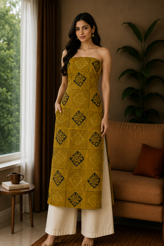 Ajrakh Cotton Natural Dye Hand Block Print Unstitched Kurta Fabric  Mtr Length  3 Mtr  Length  -  SKU : AI11303D