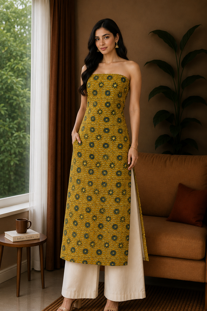 Ajrakh Cotton Natural Dye Hand Block Print Unstitched Kurta Fabric  Mtr Length  3 Mtr  Length  -  SKU : ID21B02B