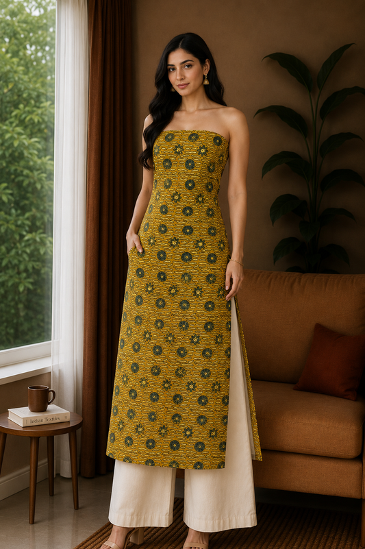 Ajrakh Cotton Natural Dye Hand Block Print Unstitched Kurta Fabric  Mtr Length  3 Mtr  Length  -  SKU : ID21B02B