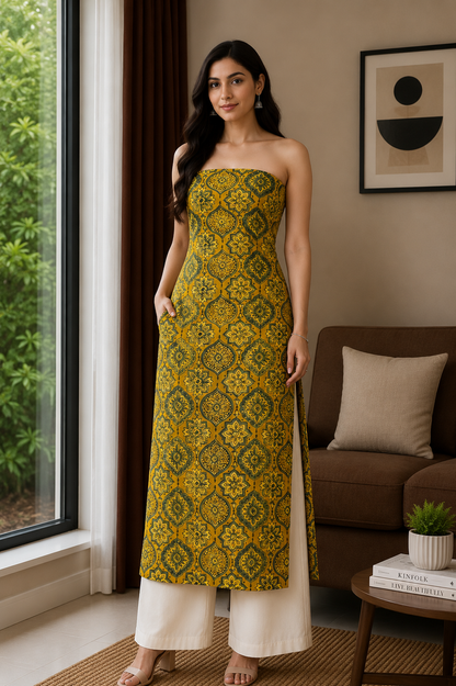 Ajrakh Cotton Natural Dye Hand Block Print Unstitched Kurta Fabric  Mtr Length  3 Mtr  Length  -  SKU : RM10301P