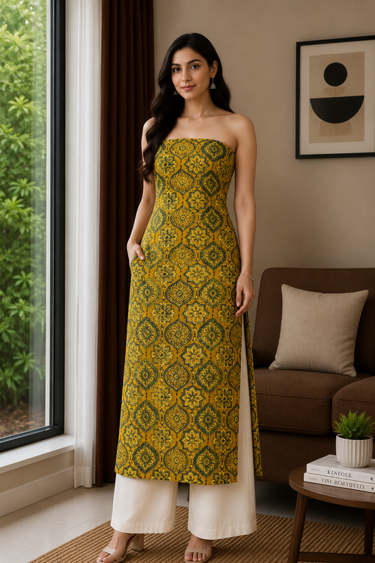 Ajrakh Cotton Natural Dye Hand Block Print Unstitched Kurta Fabric  Mtr Length  3 Mtr  Length  -  SKU : RM10301P