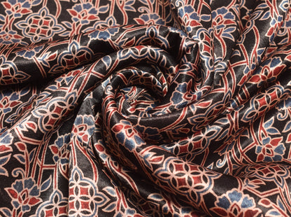 Ajrakh Mashru Silk Natural Dye Hand Block Print Unstitched Kurta Fabric    2.5 Mtr  Length  -  SKU : HM25B01G