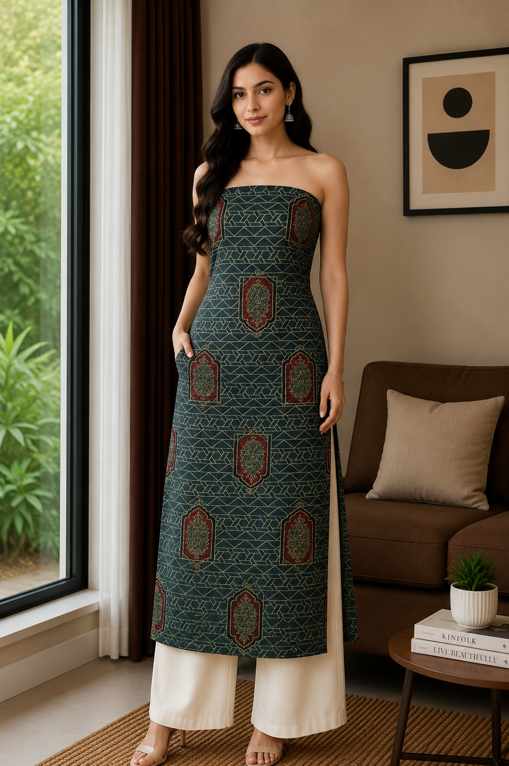 Ajrakh Mashru Silk Natural Dye Hand Block Print Unstitched Kurta Fabric   2.5 Mtr  Length  -  SKU : AI13101D