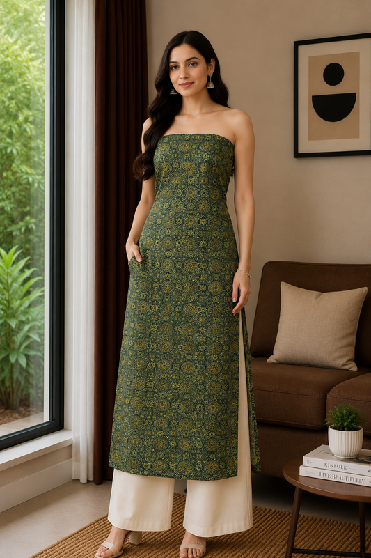 Ajrakh Mashru Silk Natural Dye Hand Block Print Unstitched Kurta Fabric   3.0 Mtr  Length  -  SKU : AI13104P