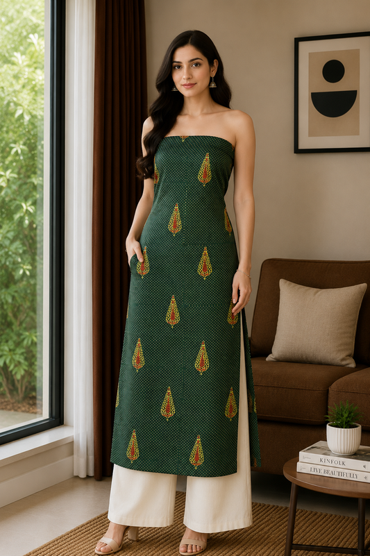 Ajrakh Mashru Silk Natural Dye Hand Block Print Unstitched Kurta Fabric   2.5 Mtr  Length  -  SKU : AI1310AH