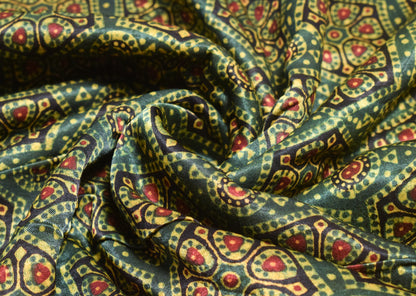 Ajrakh Mashru Silk Natural Dye Hand Block Print Unstitched Kurta Fabric    2.5 Mtr  Length  -  SKU : HM24B01H