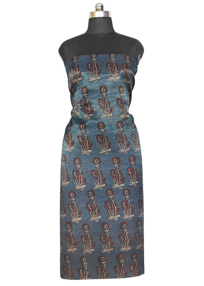 Ajrakh Mashru Silk Natural Dye Hand Block Print Unstitched Kurta Fabric  Mtr Length   Mtr  Length  -  SKU : HM07C02A