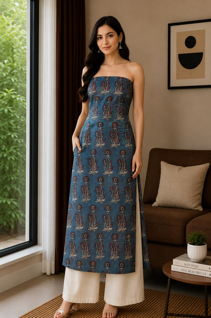 Ajrakh Mashru Silk Natural Dye Hand Block Print Unstitched Kurta Fabric  Mtr Length   Mtr  Length  -  SKU : HM07C02A