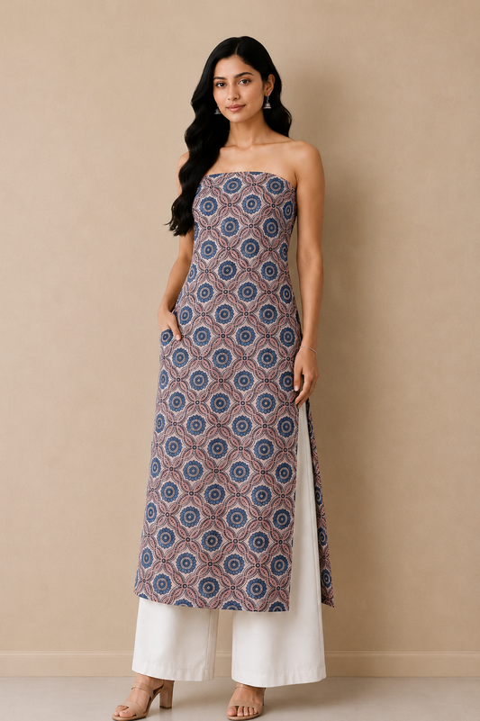 Ajrakh Mashru Silk Natural Dye Screen Print Hand Printed Unstitched Kurta Fabric  2.50 Mtr  Length  -  SKU : AI02503E