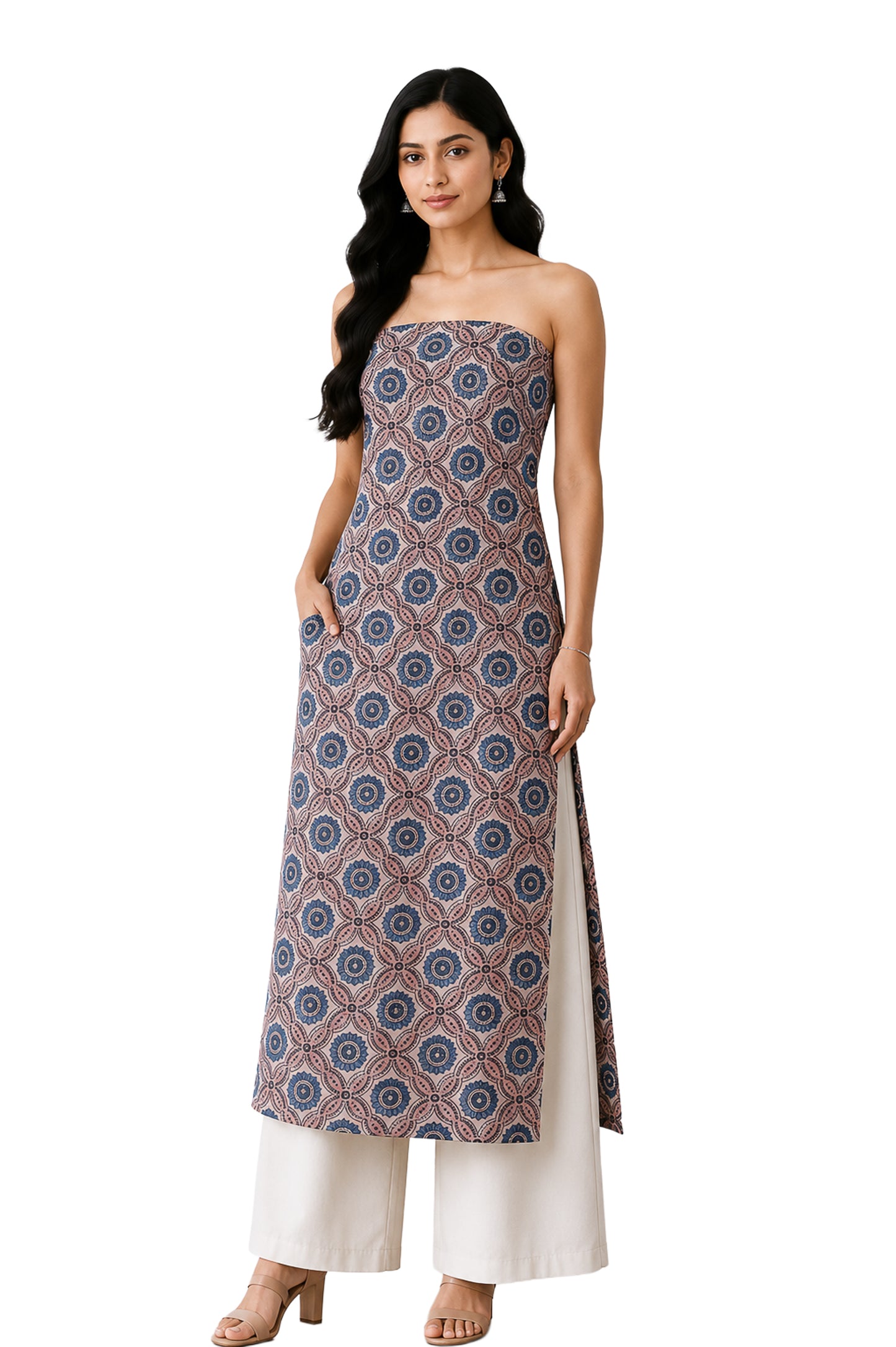Ajrakh Mashru Silk Natural Dye Screen Print Hand Printed Unstitched Kurta Fabric  3.00 Mtr  Length  -  SKU : AI02504E
