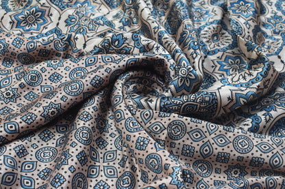 Ajrakh Mashru Silk Natural Dye Screen Print Hand Printed Unstitched Kurta Fabric  3.00 Mtr  Length  -  SKU : AI11801L
