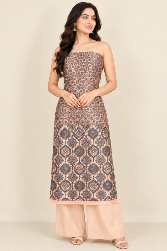 Ajrakh Mashru Silk Natural Dye Screen Print Hand Printed Unstitched Kurta Fabric  3.00 Mtr  Length  -  SKU : AI11801L